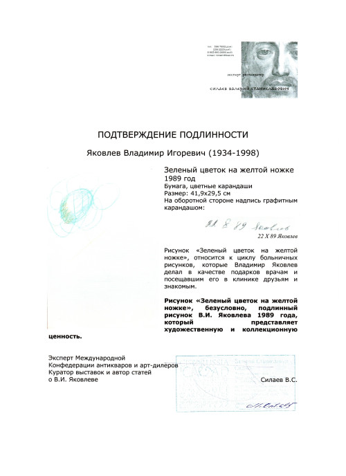 Зеленый цветок на желтой ножке. Из цикла больничных рисунков