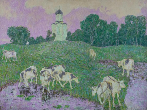 Пейзаж с коровами и храмом